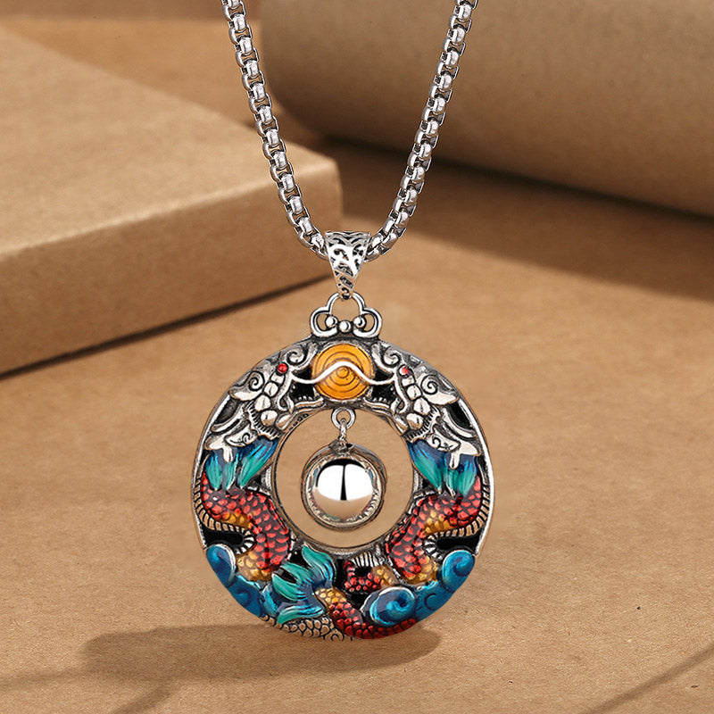 Buddha Stones Rok Smoka Kolorowe Podwójne Smoki Grające Koraliki Miedziany Naszyjnik Ochronny Wisiorek