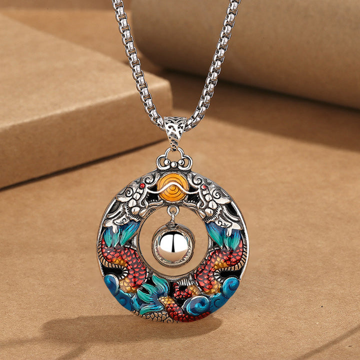 Buddha Stones Rok Smoka Kolorowe Podwójne Smoki Grające Koraliki Miedziany Naszyjnik Ochronny Wisiorek