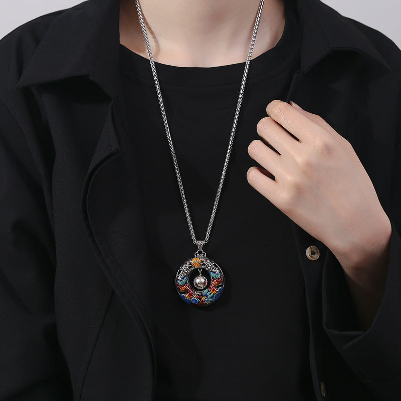 Buddha Stones Rok Smoka Kolorowe Podwójne Smoki Grające Koraliki Miedziany Naszyjnik Ochronny Wisiorek