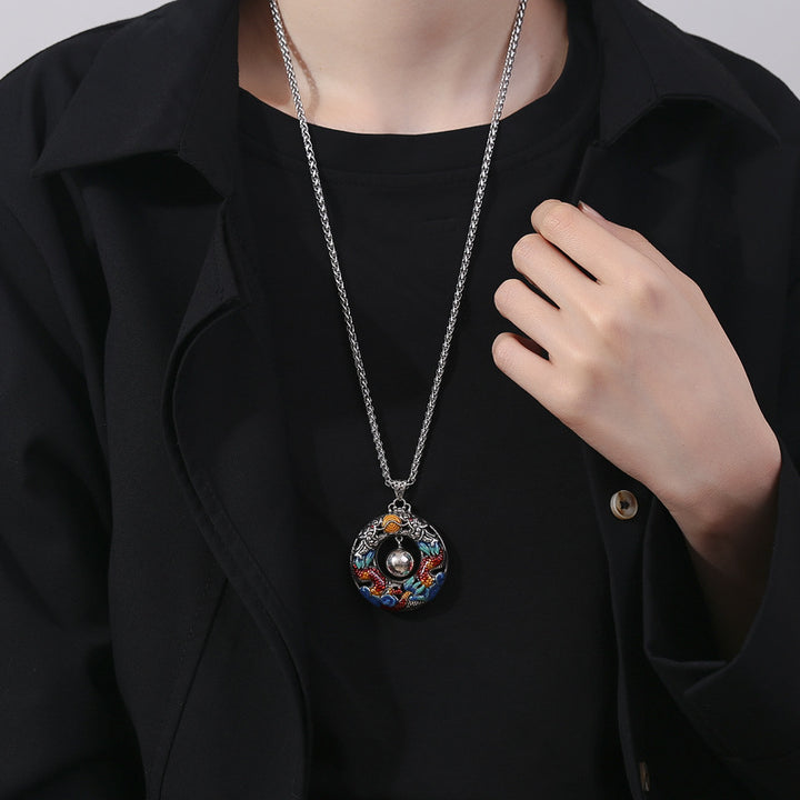 Buddha Stones Rok Smoka Kolorowe Podwójne Smoki Grające Koraliki Miedziany Naszyjnik Ochronny Wisiorek