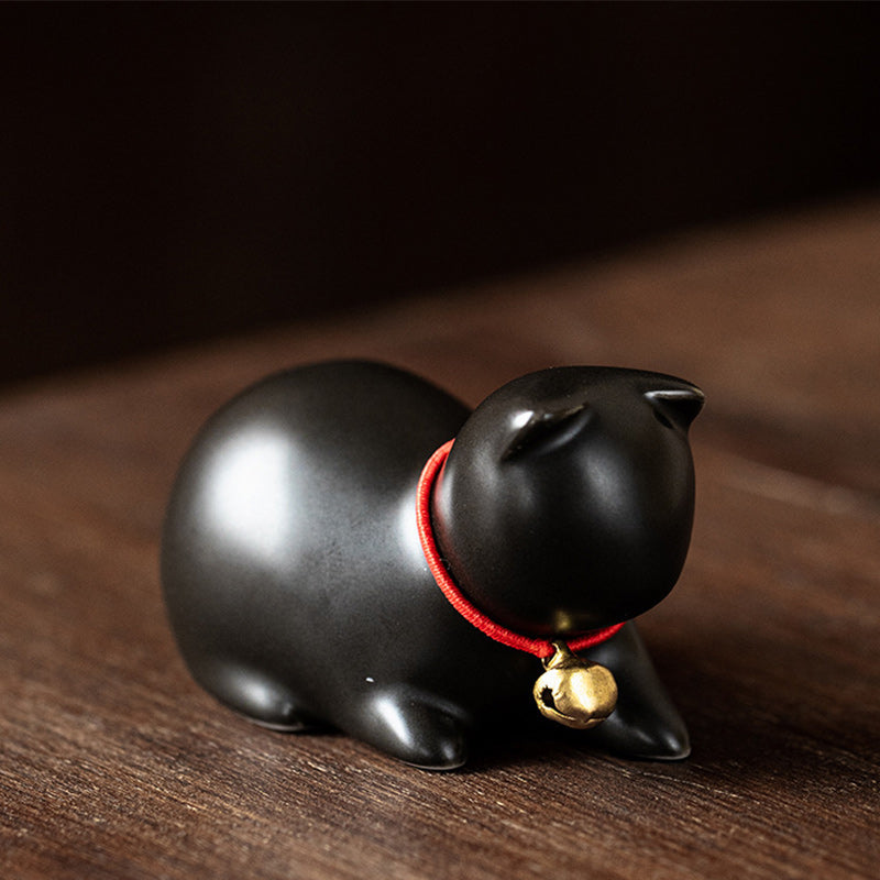 Buddha Stones Mini Mały Uroczy Kot Herbata Zwierzę Ceramiczne Figurka Dekoracja Biurka Domowego - Siedzący kot 5*3*3cm - Czarny - image 22