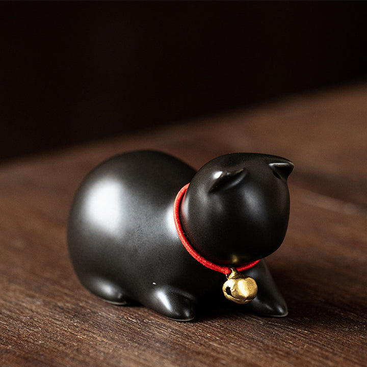 Buddha Stones Mini Mały Uroczy Kot Herbata Zwierzę Ceramiczne Figurka Dekoracja Biurka Domowego - Siedzący kot 5*3*3cm - Czarny - image 22