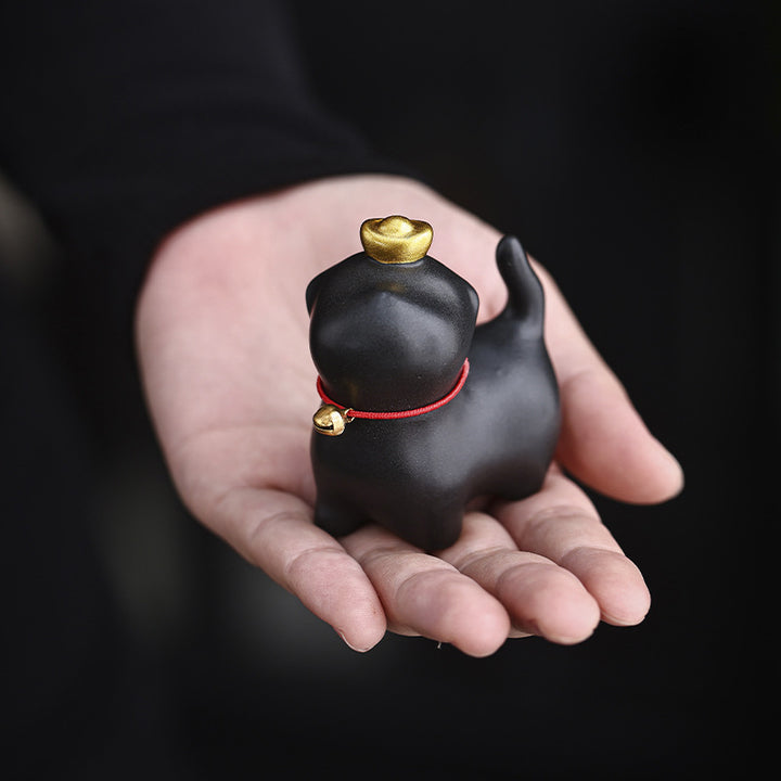 Buddha Stones Mini Szczęście Kot Herbata Sztabka Ceramiczna Figurka Dekoracja Biurka Domowego - Szczęśliwy Kot Czarny 5,5*3,2*6 cm - image 1