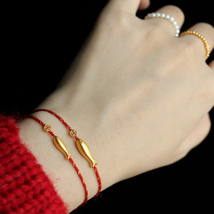 Bransoletka pleciona z Buddha Stones 14K pozłacana rybą Koi, szczęściem i bogactwem