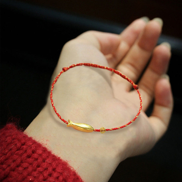 Bransoletka pleciona z Buddha Stones 14K pozłacana rybą Koi, szczęściem i bogactwem