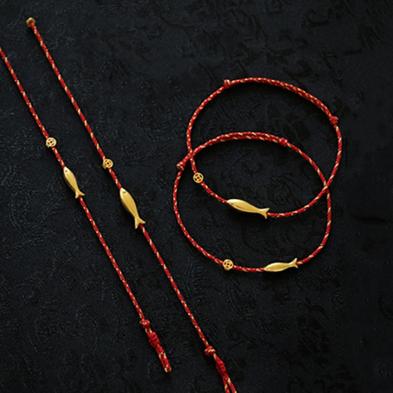 Bransoletka pleciona z Buddha Stones 14K pozłacana rybą Koi, szczęściem i bogactwem