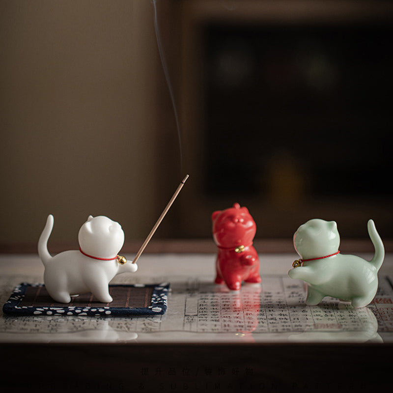 Buddha Stones Mini Szczęśliwy Kotek Herbata Zwierzę Ceramiczne Figurka Dekoracja Biurka Domowego Z Matą Bambusową - image 2