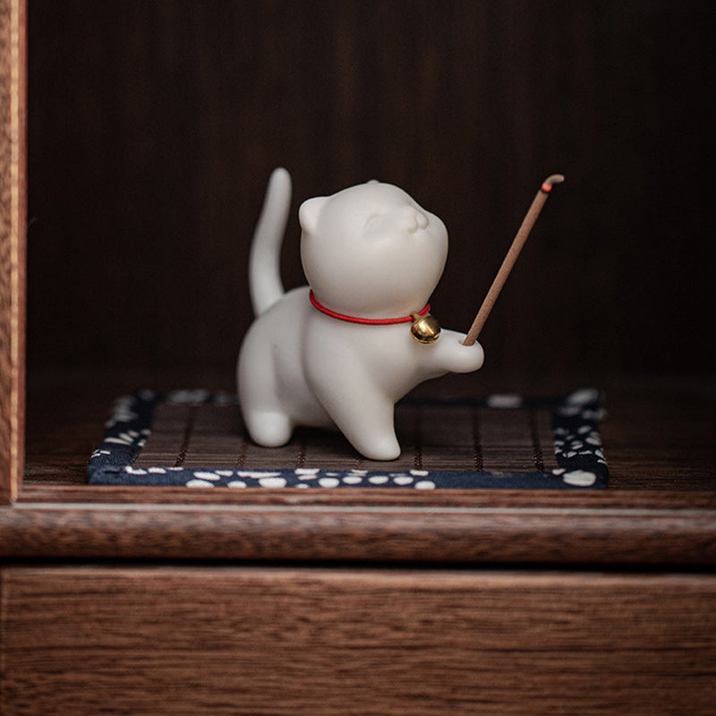 Buddha Stones Mini Szczęśliwy Kotek Herbata Zwierzę Ceramiczne Figurka Dekoracja Biurka Domowego Z Matą Bambusową - image 6