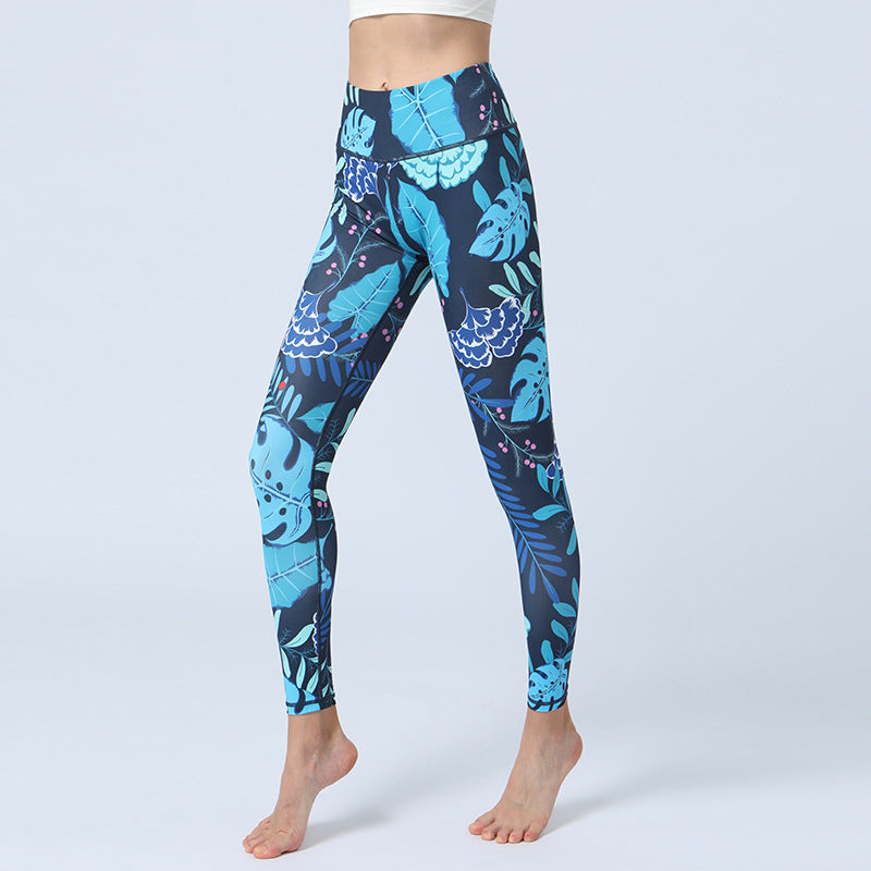 Spodnie do jogi z nadrukiem Buddha Stones , legginsy sportowe, fitness, joga, damskie, z wysokim stanem - Niebieskie liście - US8-10, UK/AU12-14, EU40-42 (XL)  - image 4