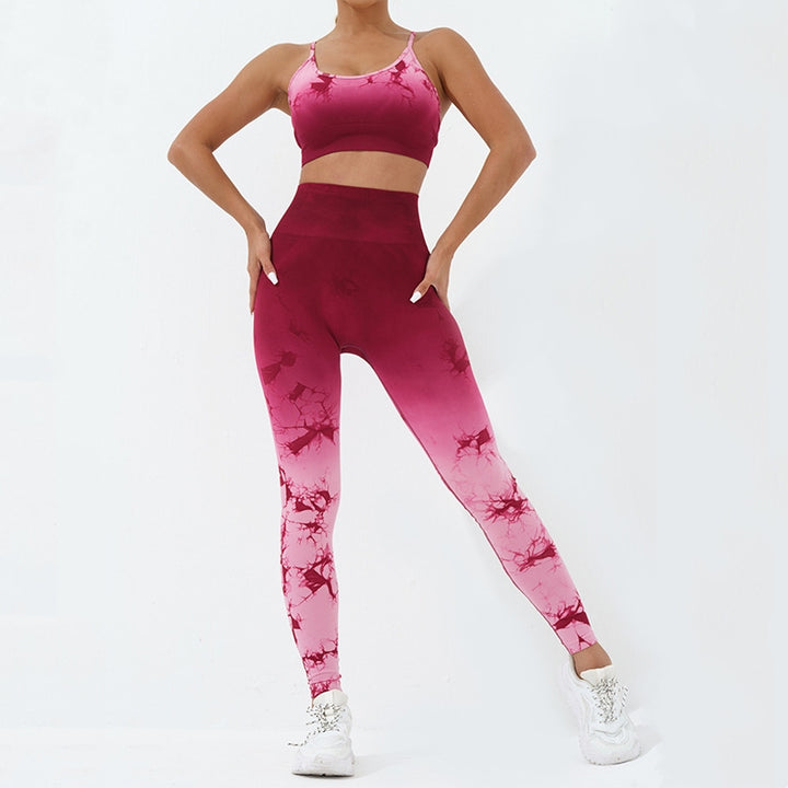 Buddha Stones 2 szt. Prosty nadruk tie dye Crop Tank Top Spodnie z wysokim stanem Stroje sportowe na siłownię Zestawy do jogi dla kobiet