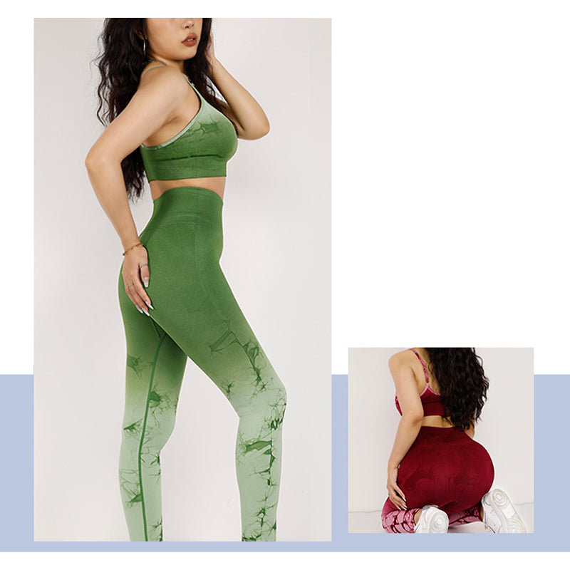 Buddha Stones 2 szt. Prosty nadruk tie dye Crop Tank Top Spodnie z wysokim stanem Stroje sportowe na siłownię Zestawy do jogi dla kobiet