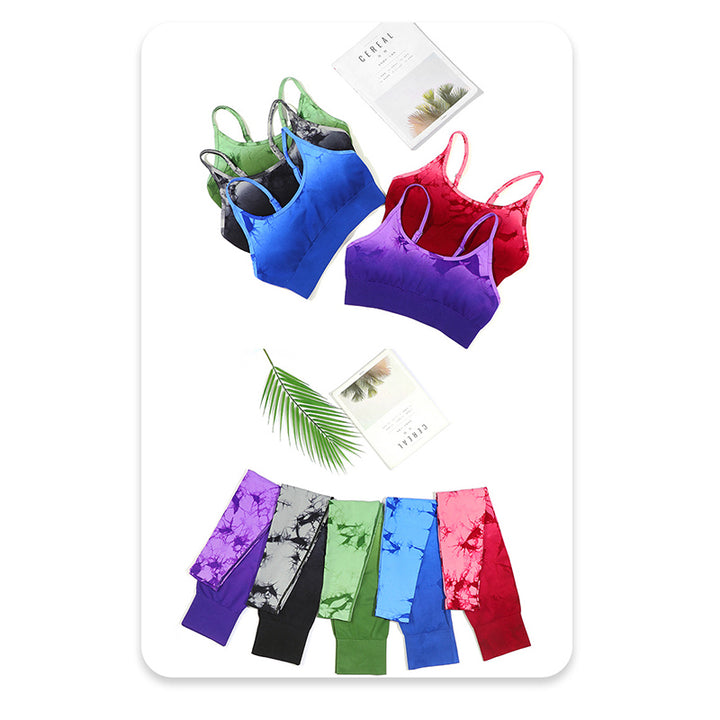 Buddha Stones 2 szt. Prosty nadruk tie dye Crop Tank Top Spodnie z wysokim stanem Stroje sportowe na siłownię Zestawy do jogi dla kobiet