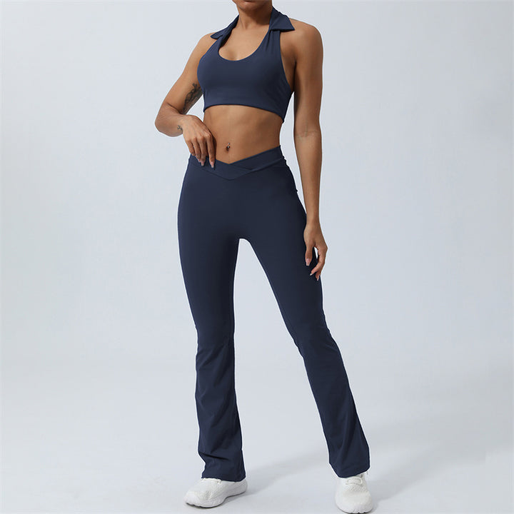 Buddha Stones 2 szt. trening bez rękawów top z odkrytym plecami spodenki rozkloszowane spodnie sportowy fitness joga strój zestaw - Granatowy - 2 sztuki (top i spodnie) - US8-10, UK/AU12-14, EU40-42 (XL)  - image 26