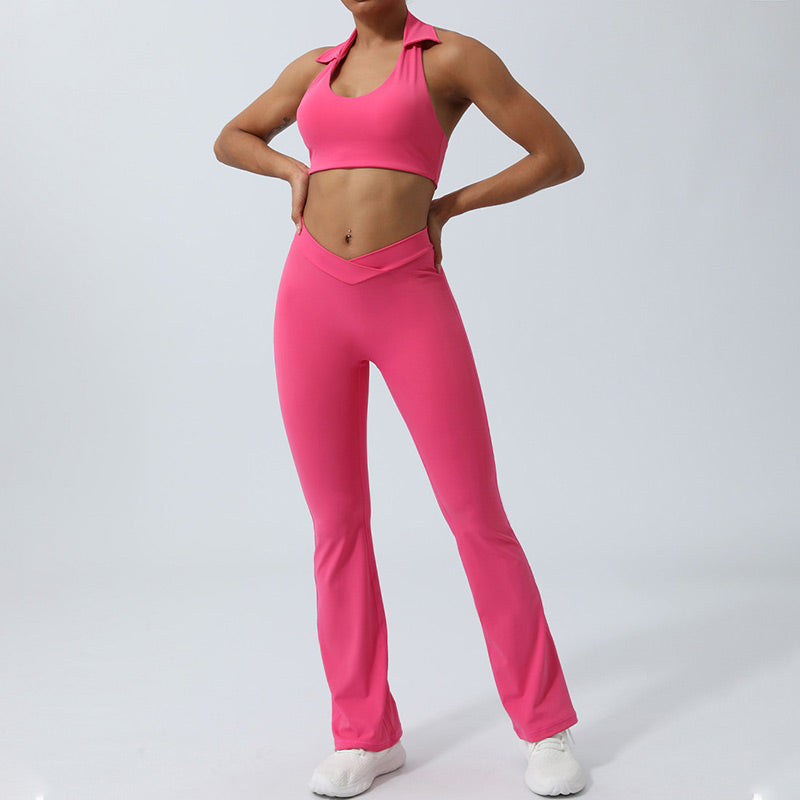 Buddha Stones 2 szt. trening bez rękawów top z odkrytym plecami spodenki rozkloszowane spodnie sportowy fitness joga strój zestaw - image 25