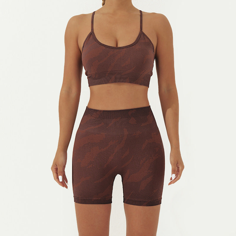 Buddha Stones 2 szt. Kamienie moro, bez pleców, krzyżowe paski, biustonosz, spodenki, legginsy, spodnie, strój do fitnessu i jogi - Brązowy - 2 sztuki (top i spodenki) - US8-10, UK/AU12-14, EU40-42 (L) - image 8