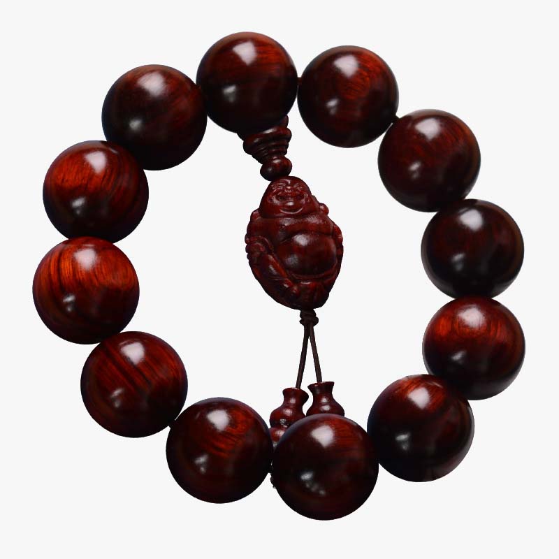 Buddha Stones Małe Liście Czerwone Drzewo Sandałowe Śmiejący Się Budda Bóg Bogactwa Bransoletka Ochronna