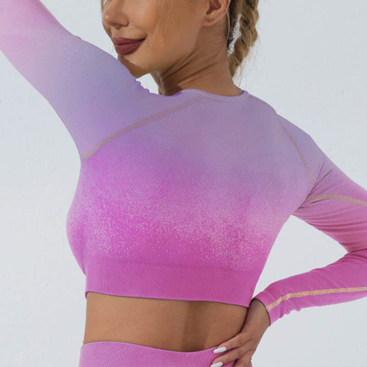 Buddha Stones Gradient Długi rękaw Crop Top Tee Biustonosz Legginsy Spodnie Fitness Joga Strój - Szczyt - Fioletowo-różowy - US4, UK/AU8, EU36 (L) - image 10