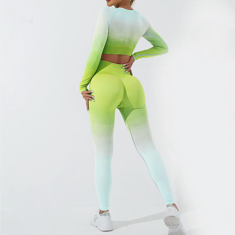 Buddha Stones Gradient Długi rękaw Crop Top Tee Biustonosz Legginsy Spodnie Fitness Joga Strój - image 39