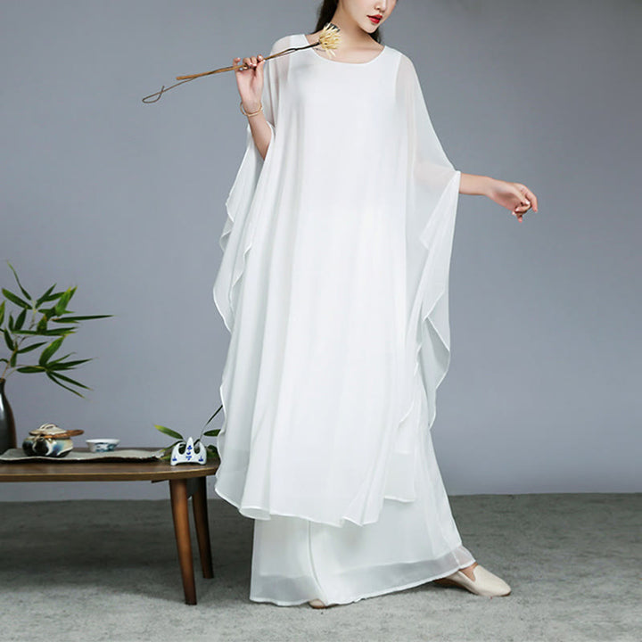 Buddha Stones Prosty wzór Midi Sukienka Szerokie Spodnie Medytacja Duchowy Zen Praktyka Joga Taniec Odzież - Biały - 2 sztuki (sukienka i spodnie) - US8-10,UK/AU12-14,EU40-42 (2XL) - image 0