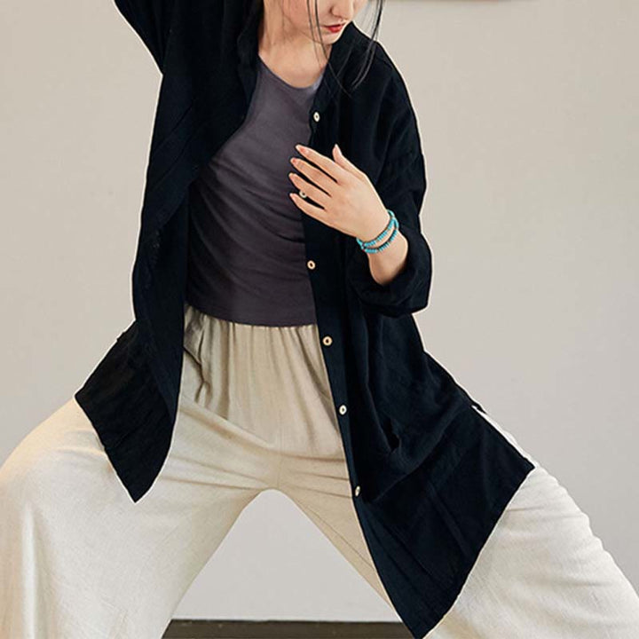 Buddha Stones Płaszcz z długim rękawem, prosty, kurtka, spodnie z szerokimi nogawkami, Zen Tai Chi, joga, medytacja, odzież - Czarny - Tylko płaszcz - US4-12, UK/AU8-16, EU36-44 (F) - image 9