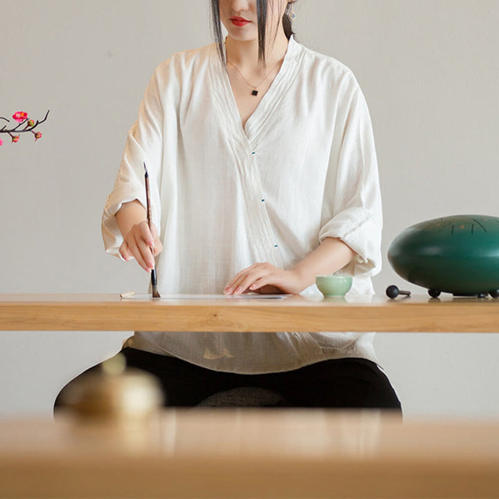 Bluzka z dekoltem w serek z Buddha Stones , damska, z długim rękawem, w stylu chińskim Hanfu - image 8