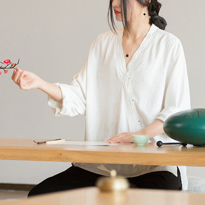 Bluzka z dekoltem w serek z Buddha Stones , damska, z długim rękawem, w stylu chińskim Hanfu - image 9