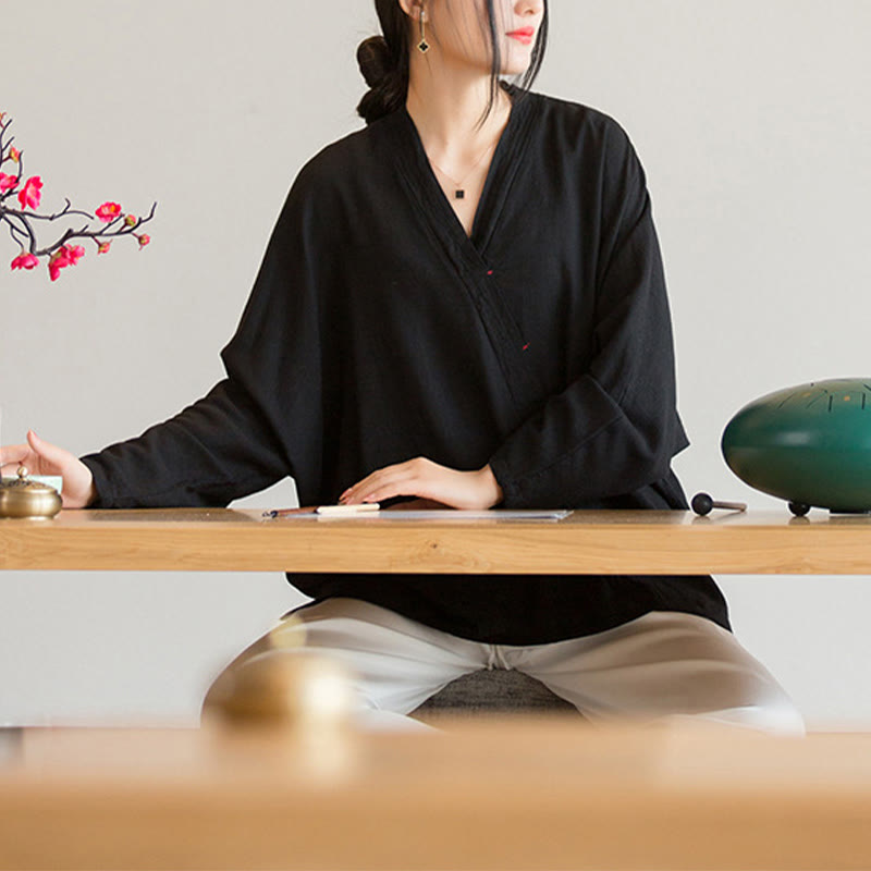 Bluzka z dekoltem w serek z Buddha Stones , damska, z długim rękawem, w stylu chińskim Hanfu - image 18