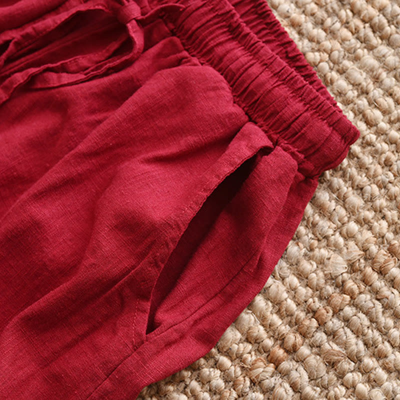 Spodnie Buddha Stones Luźne Bawełniane Lniane Ściągane Sznurkiem Szerokie Nogawki Z Kieszeniami