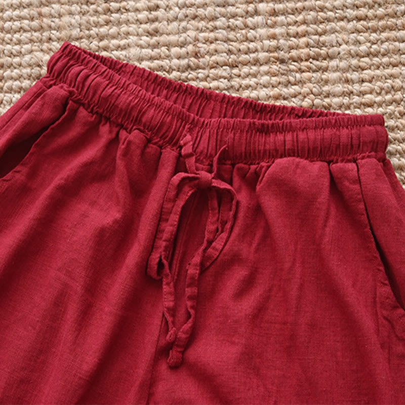 Spodnie Buddha Stones Luźne Bawełniane Lniane Ściągane Sznurkiem Szerokie Nogawki Z Kieszeniami