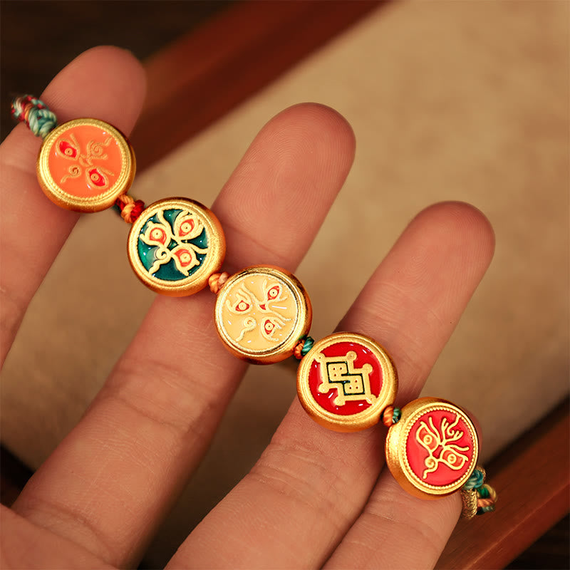 Buddha Stones Tybetańskie Pięć Bogów Bogactwa Kolorowa Lina Pleciona Bransoletka Szczęścia