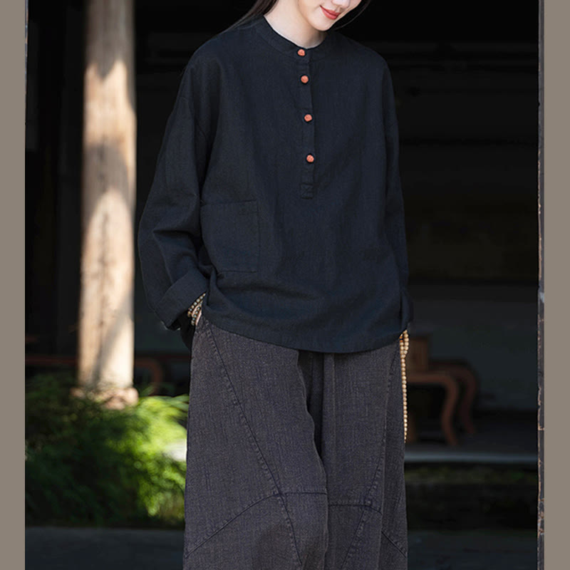 Bluzka z długim rękawem i luźnym guzikiem w jednolitym kolorze z Buddha Stones - Czarny (biust 126 cm) (tylko góra) - image 28