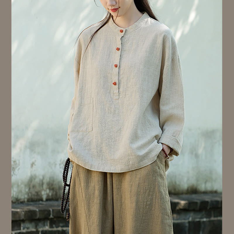 Bluzka z długim rękawem i luźnym guzikiem w jednolitym kolorze z Buddha Stones - image 14