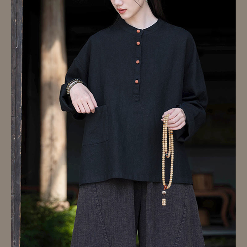 Bluzka z długim rękawem i luźnym guzikiem w jednolitym kolorze z Buddha Stones - image 33