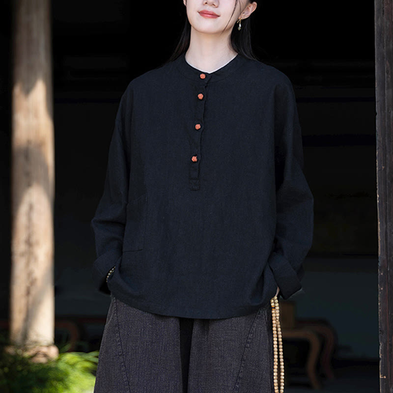 Bluzka z długim rękawem i luźnym guzikiem w jednolitym kolorze z Buddha Stones - image 34