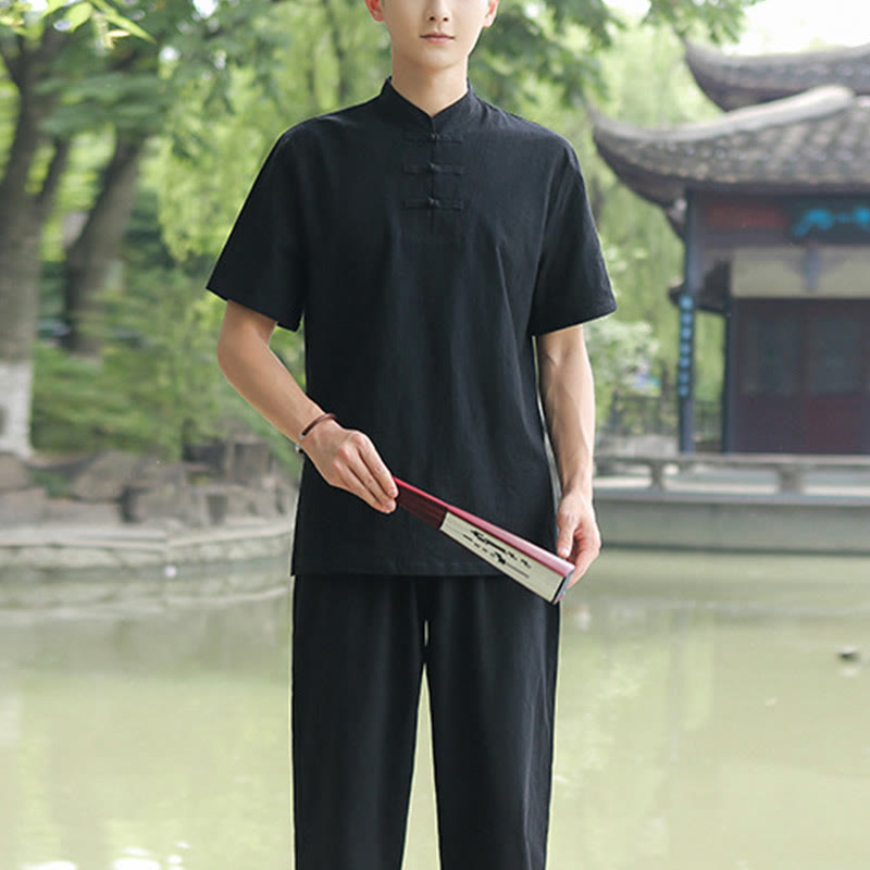 Buddha Stones 2 szt. męska koszulka z krótkim rękawem top T-shirt spodnie medytacja zen tai chi bawełna lniana odzież zestaw - Czarny (top i spodnie) - US/UK/AU48, EU58 (6XL) - image 11