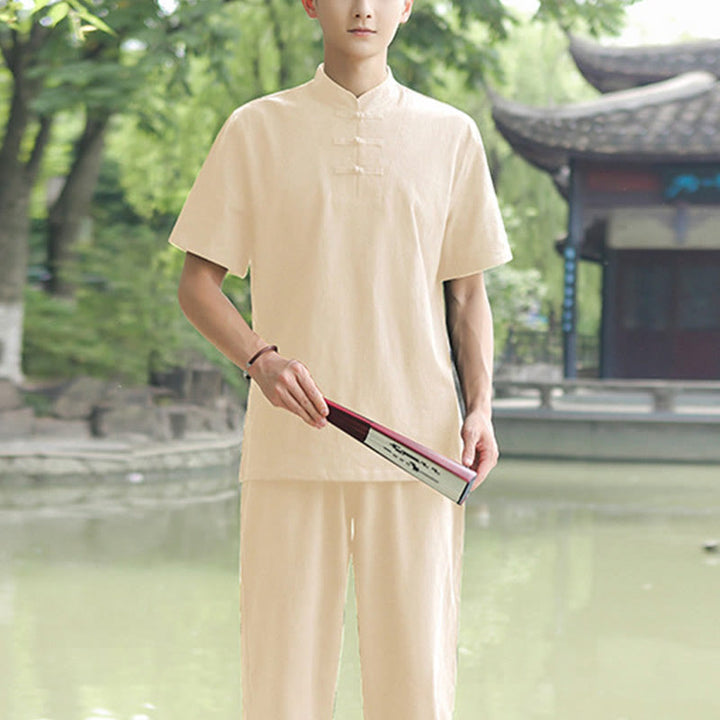 Buddha Stones 2 szt. męska koszulka z krótkim rękawem top T-shirt spodnie medytacja zen tai chi bawełna lniana odzież zestaw - Beżowy (top i spodnie) - US/UK/AU48, EU58 (6XL) - image 8