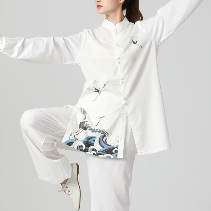 Buddha Stones Białe Żurawie Morze Bawełna Len Medytacja Modlitwa Duchowy Zen Tai Chi Qigong Praktyka Odzież Zestaw