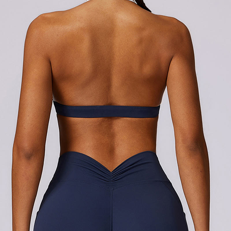 Buddha Stones Jednokolorowy biustonosz z dekoltem halter Długi rękaw Crop Tank Top Spodnie Sport Fitness Siłownia Joga Stroje