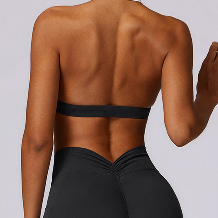 Buddha Stones Jednokolorowy biustonosz z dekoltem halter Długi rękaw Crop Tank Top Spodnie Sport Fitness Siłownia Joga Stroje