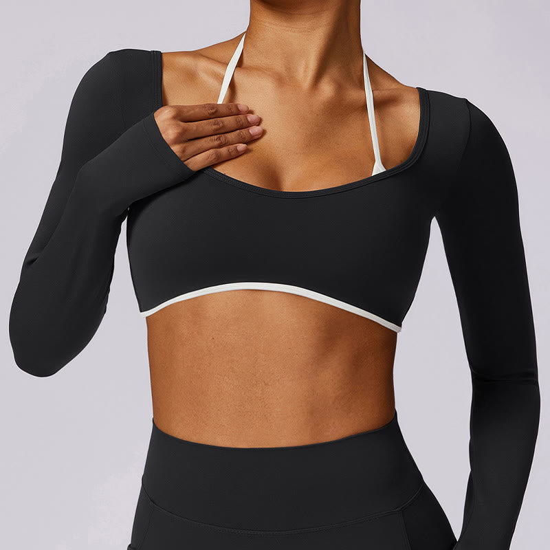 Buddha Stones Jednokolorowy biustonosz z dekoltem halter Długi rękaw Crop Tank Top Spodnie Sport Fitness Siłownia Joga Stroje