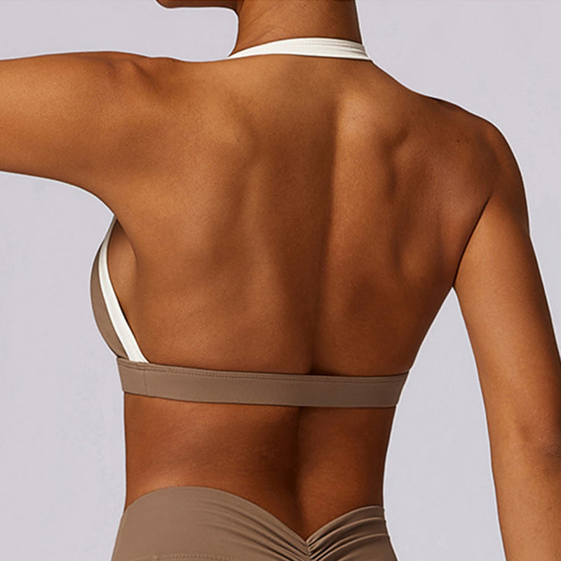 Buddha Stones Jednokolorowy biustonosz z dekoltem halter Długi rękaw Crop Tank Top Spodnie Sport Fitness Siłownia Joga Stroje