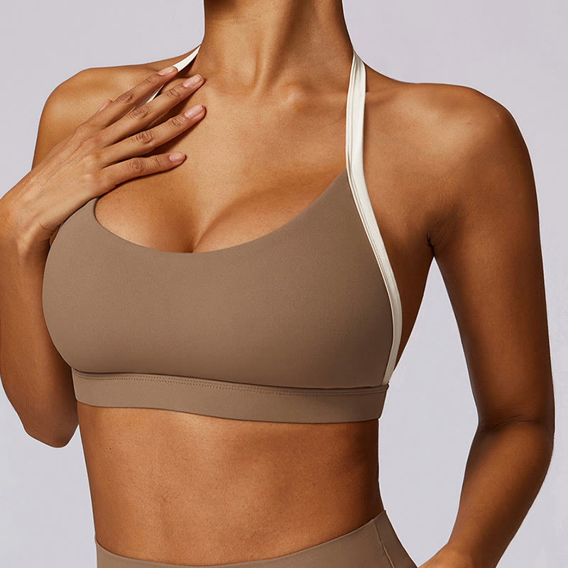 Buddha Stones Jednokolorowy biustonosz z dekoltem halter Długi rękaw Crop Tank Top Spodnie Sport Fitness Siłownia Joga Stroje