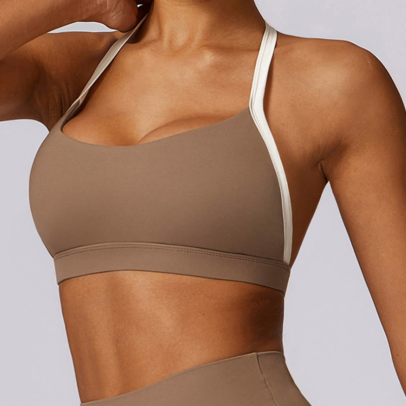 Buddha Stones Jednokolorowy biustonosz z dekoltem halter Długi rękaw Crop Tank Top Spodnie Sport Fitness Siłownia Joga Stroje