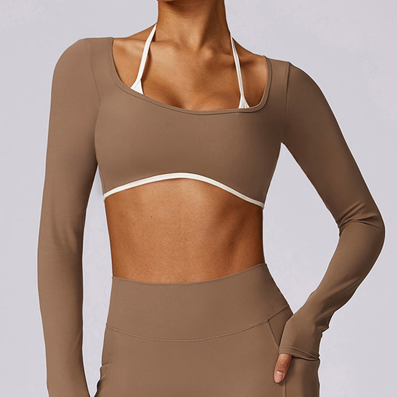 Buddha Stones Jednokolorowy biustonosz z dekoltem halter Długi rękaw Crop Tank Top Spodnie Sport Fitness Siłownia Joga Stroje