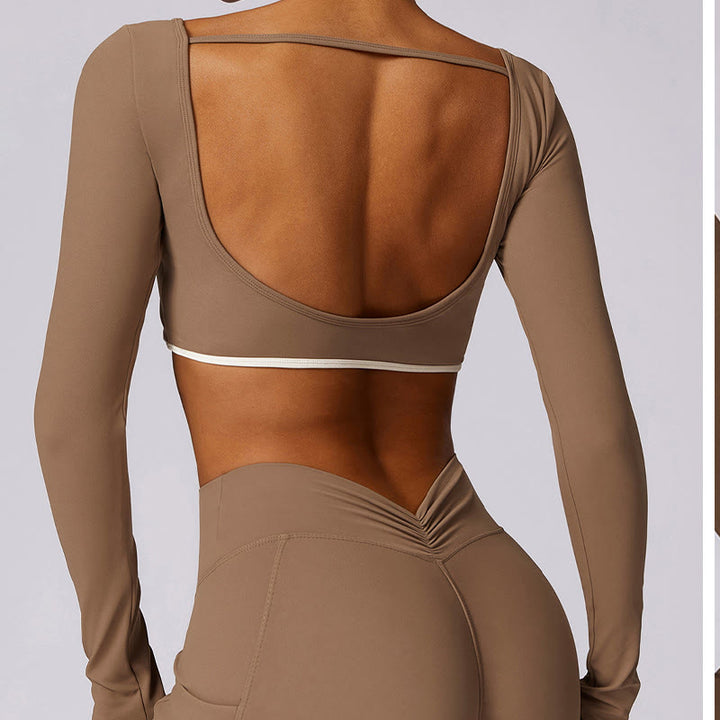 Buddha Stones Jednokolorowy biustonosz z dekoltem halter Długi rękaw Crop Tank Top Spodnie Sport Fitness Siłownia Joga Stroje