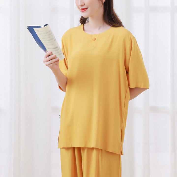 Buddha Stones 2 szt. Koszulka z krótkim rękawem Spodnie Medytacja Zen Tai Chi Bawełna Lniana Odzież Unisex Zestaw