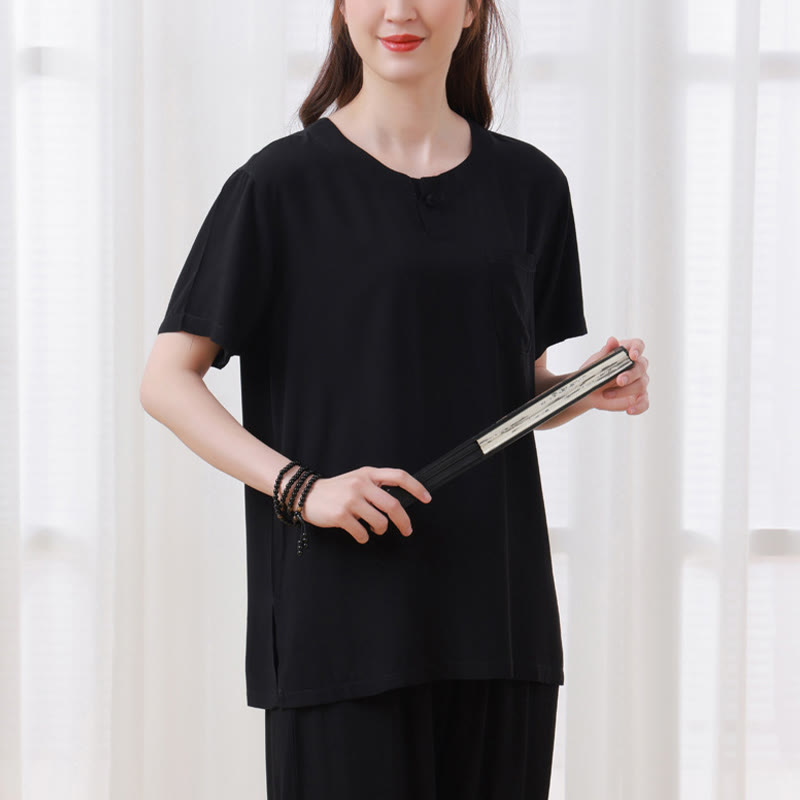 Buddha Stones 2 szt. Koszulka z krótkim rękawem Spodnie Medytacja Zen Tai Chi Bawełna Lniana Odzież Unisex Zestaw