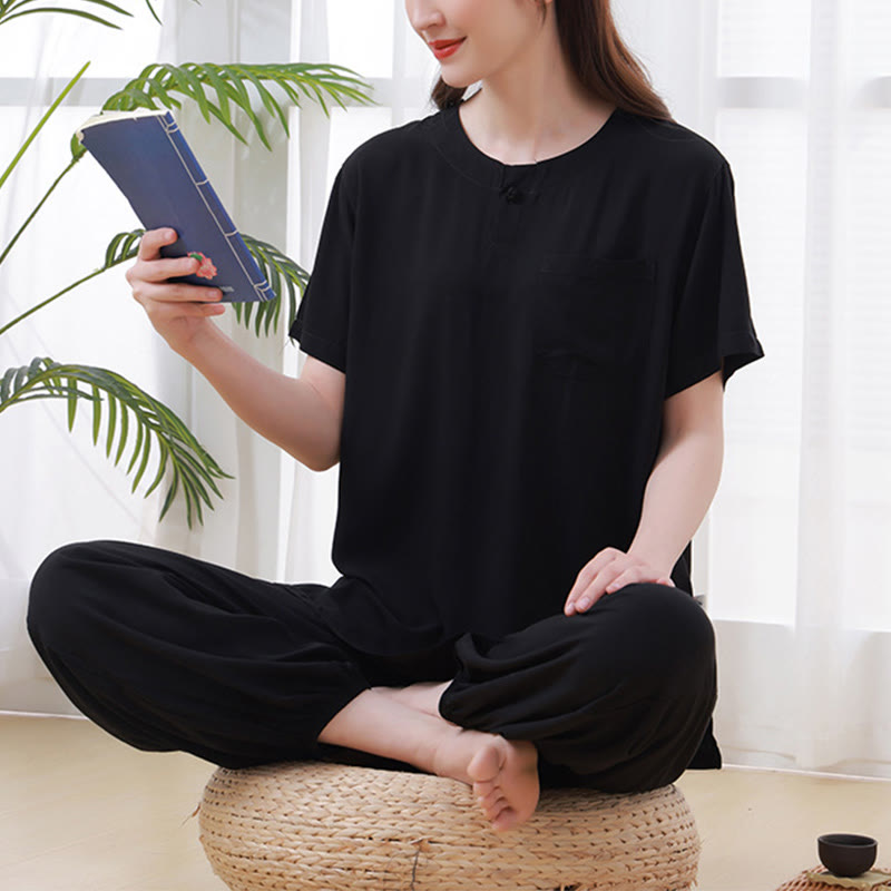 Buddha Stones 2 szt. Koszulka z krótkim rękawem Spodnie Medytacja Zen Tai Chi Bawełna Lniana Odzież Unisex Zestaw