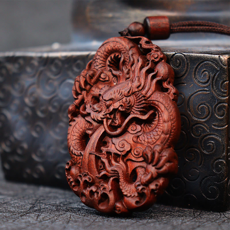 Buddha Stones Uderzony Piorunem Jujube Drewno Podwójny Smok Relief Odpędzający Złe Duchy Naszyjnik Wisiorek