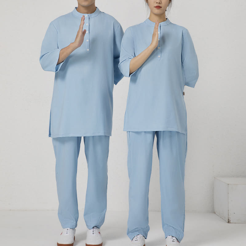 Buddha Stones 2 szt. Guziki Męska koszula z rękawem trzy czwarte Spodnie Medytacja Zen Tai Chi Bawełna Lniany Zestaw Ubrań - image 8